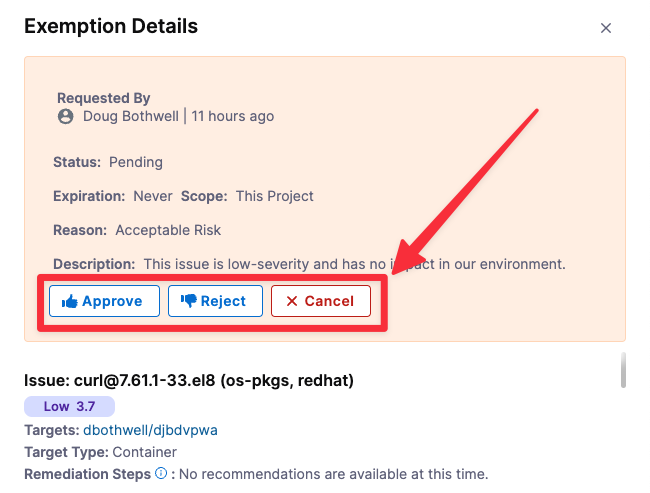 Approve, Reject, and Cancel buttons for an STO exemption